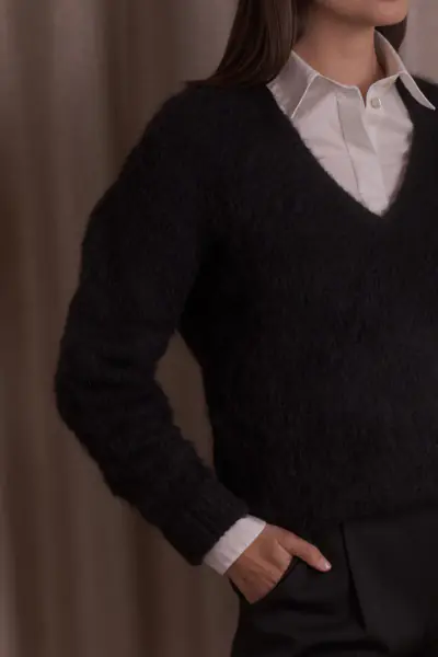 Allia alpaca blend sweater with v-neck, black