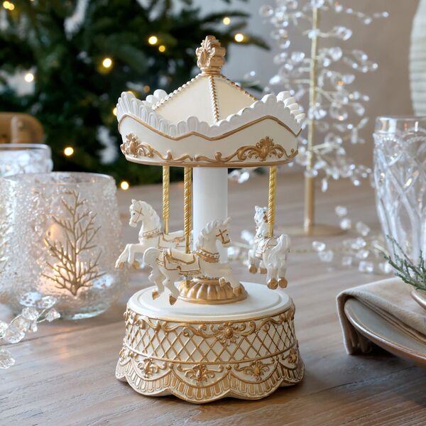 Noël music box with carousel, antique cream