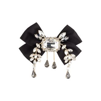 Satin bow brooch with crystals, black