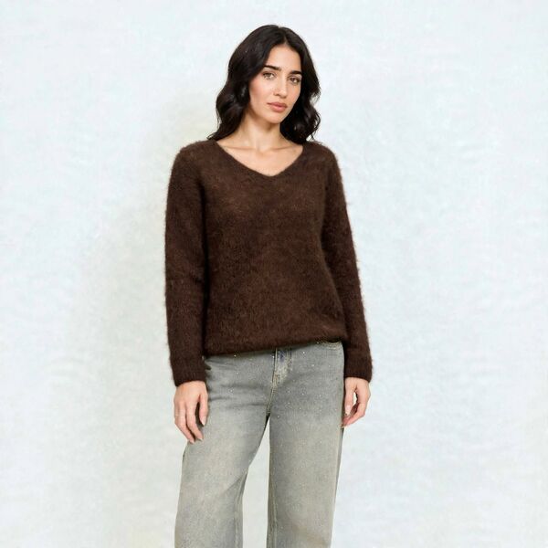 V-neck mohair knit, chocolate