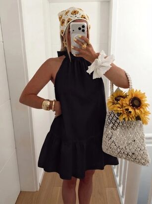 Cotton dress with back tie, black