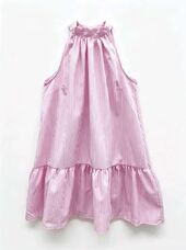 Cotton dress with back tie, pink stripe