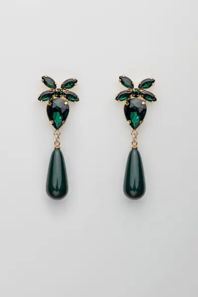 Stone drop earrings, dark green