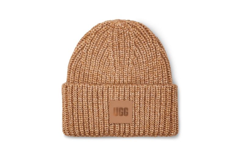 Chunky rib beanie w logo, camel