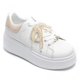 Sneakers with pearl bow, beige