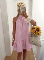 Cotton dress with back tie, pink stripe