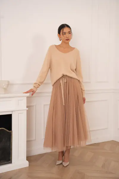Aria tulle skirt with dots, camel/or