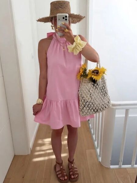Cotton dress with back tie, pink