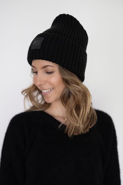 Chunky rib beanie w logo, black