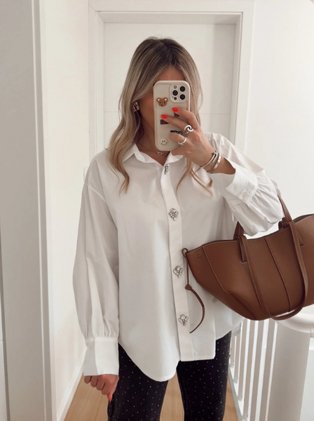 Oversized cotton shirt with diamonds, white