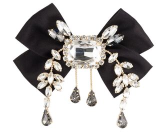 Satin bow brooch with crystals, black