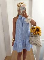 Cotton dress with back tie, light blue stripe