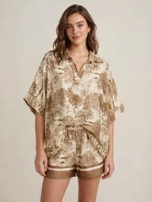 Blouse with toile de jouy print, beige