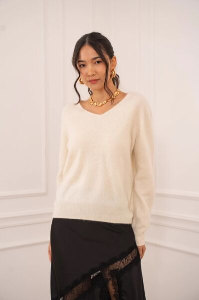 Brushed cashmere & wool sweater, ecru