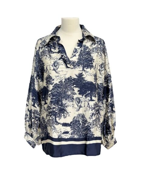 Long sleeve blouse with Toile De Jouy print, navy