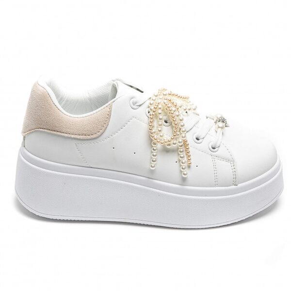 Sneakers with pearl bow, beige