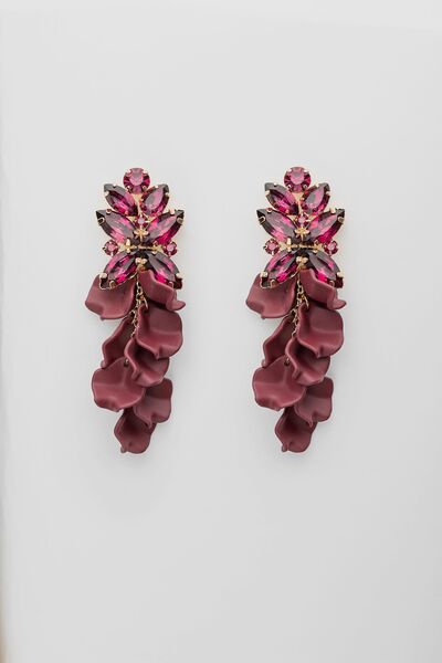 Leaf big stone earrings, burgundy