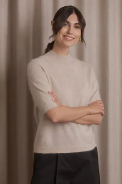 Karliea short sleeve mock neck sweater, latte