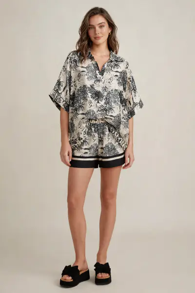 Shorts with Toile De Jouy print, black