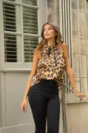 Elisabeth leopard satin top, camel