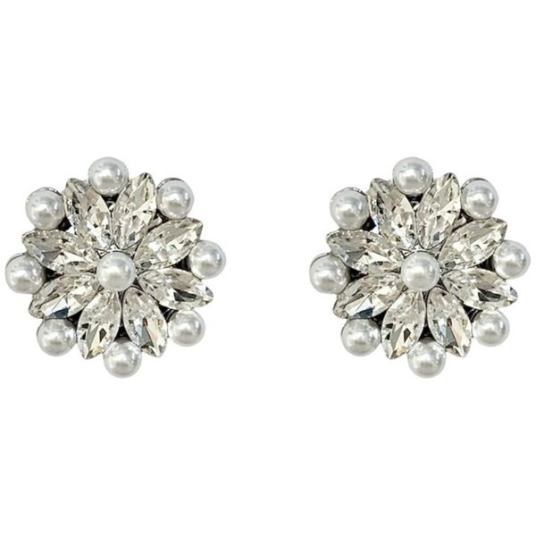 Crystal flower with pearls button covers, silver