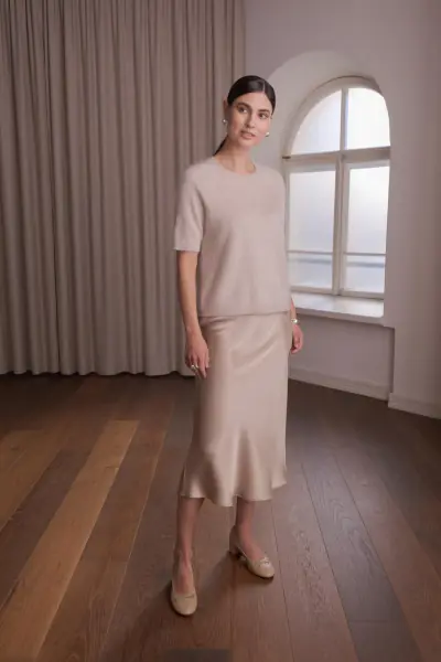 Karlie short sleeve cashmere sweater, latte